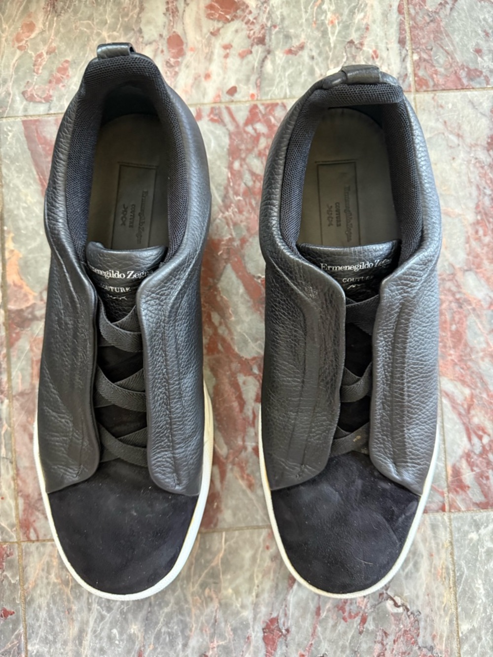 Ermenegildo Zegna Men’s Black Leather & Suede Low-Top Sneakers with White Sole